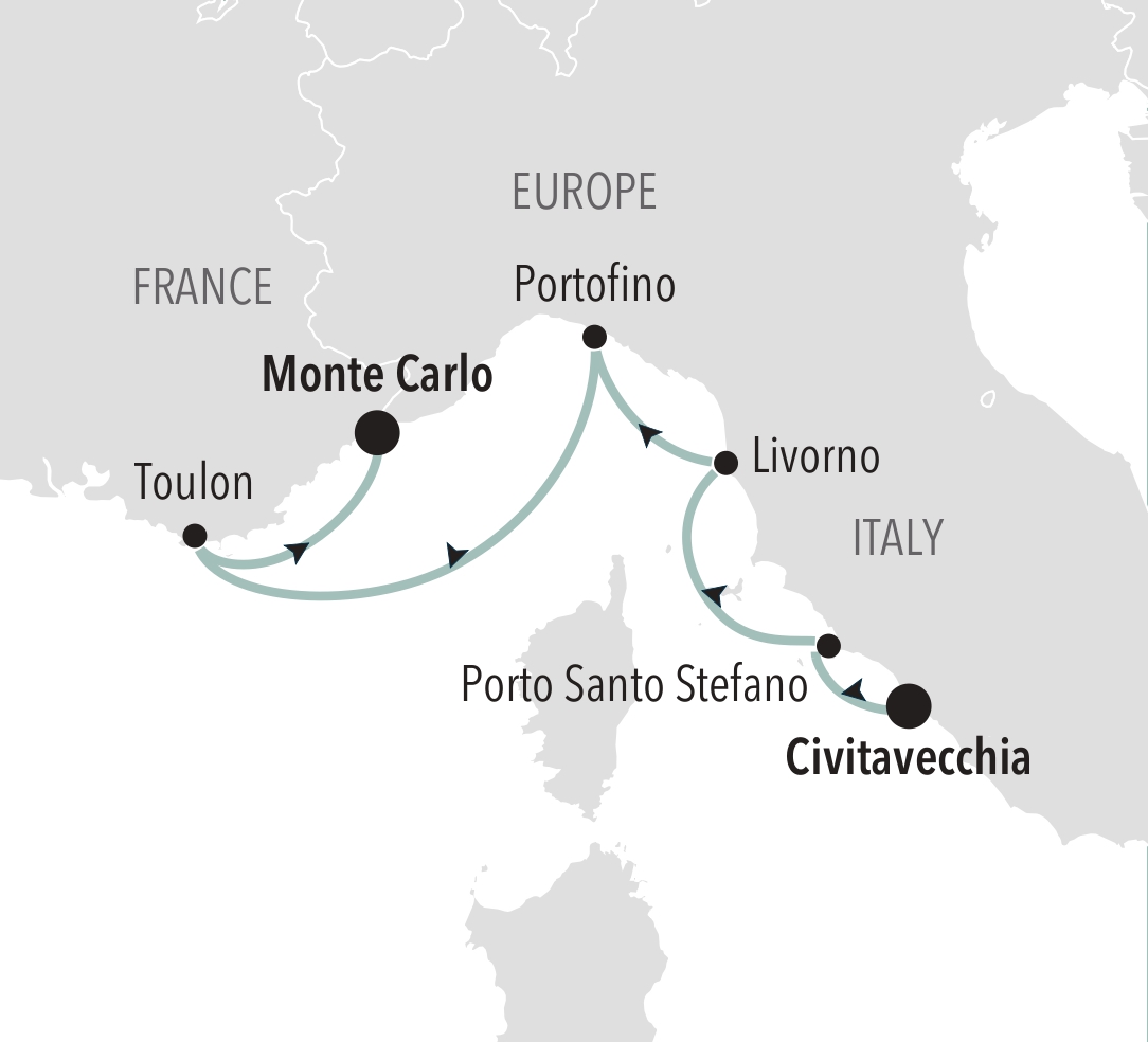 Route map for Civitavecchia (Rome) to Monte Carlo voyage