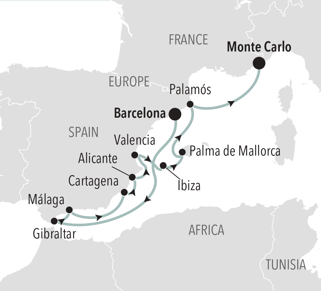 Route map for Barcelona to Monte Carlo voyage
